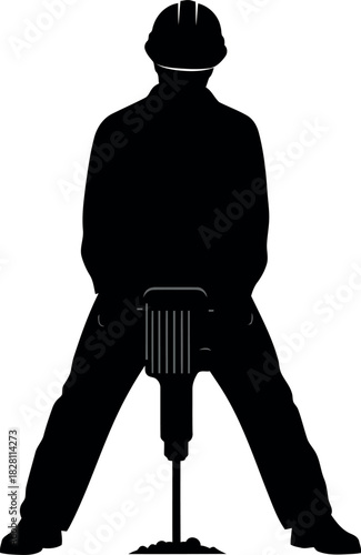 Worker operating a jackhammer, construction site silhouette