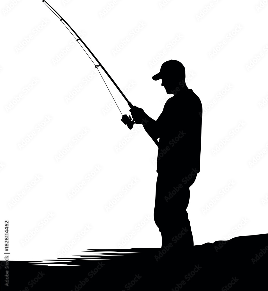 Obraz premium Fisherman silhouette standing by water edge holding fishing rod