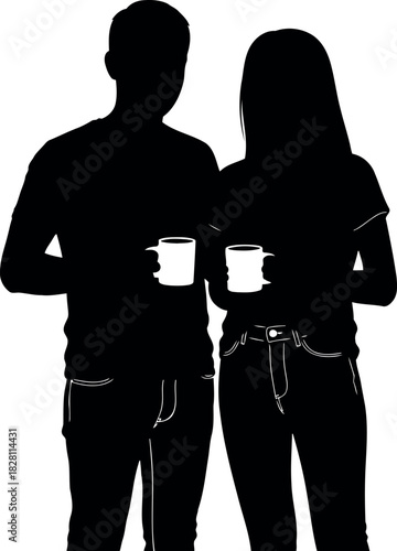 Man and woman silhouette sharing coffee mugs, vector graphic design.