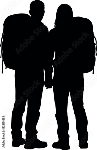 Silhouette of couple hikers with large backpacks, adventure journey