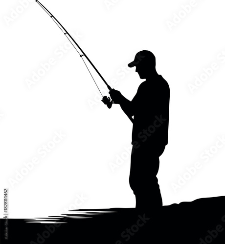 Fisherman silhouette standing by water edge holding fishing rod
