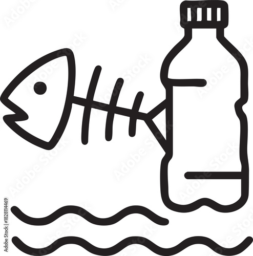 a simple black and white line drawing depicts a fish skeleton and a plastic bottle floating in water illustrating pollution high quality professional detailed modern elegant