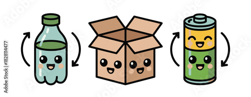 Kawaii bottle, box, and battery characters illustrate recycling and reuse concepts with circular arrows.