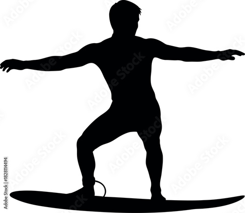 Surfer on surfboard silhouette with arms outstretched for balance