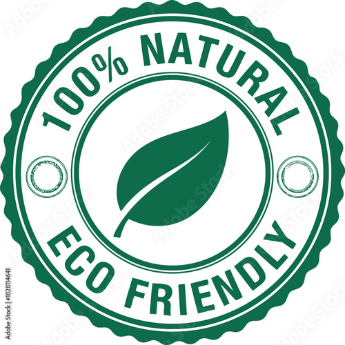 Green 100% natural eco friendly stamp badge with leaf icon