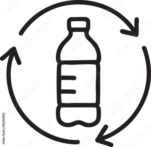 A simple black and white line drawing depicts a plastic bottle enclosed within a circular recycling symbol representing sustainability high quality professional detailed modern elegant stylish