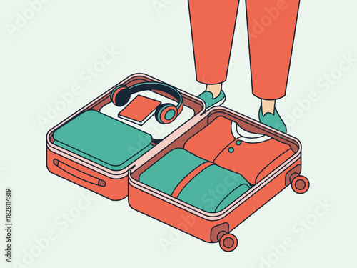 A person packs clothes and accessories into an open suitcase for a trip.