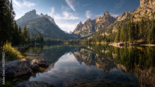 Scenic mountain landscape with lake and reflections under clear blue sky
