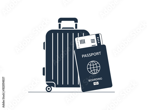 A passport and boarding pass are placed in front of a rolling suitcase, ready for travel.