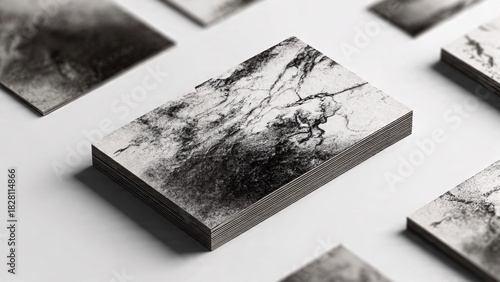 Stack of business cards with marble texture on white background