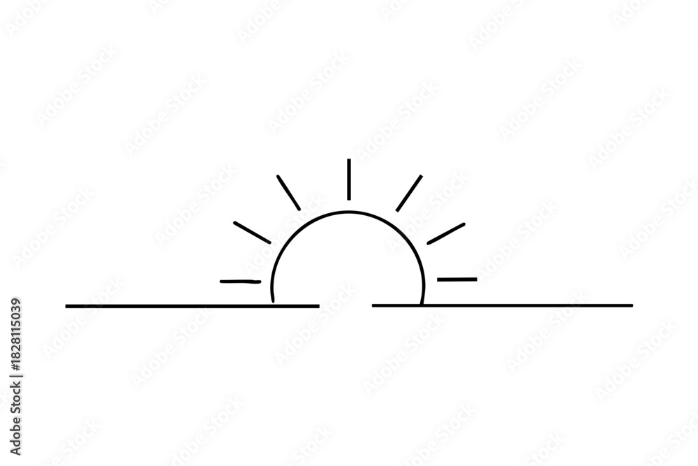Fototapeta premium Minimal Sunrise Horizon Line Art Illustration, Clean line drawing of a sunrise over the horizon, symbolizing hope, beginning, positivity, and new opportunities.