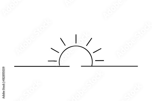 Minimal Sunrise Horizon Line Art Illustration, Clean line drawing of a sunrise over the horizon, symbolizing hope, beginning, positivity, and new opportunities.