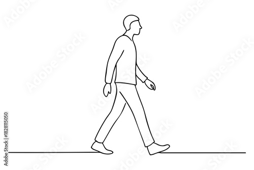 Minimalist Walking Man Line Art, Simple line art illustration of a man walking, symbolizing daily activity, movement, lifestyle, journey, and routine.