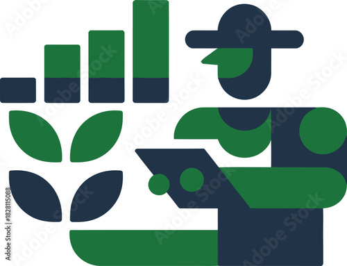 Farmer analyzing agricultural data on a tablet with a growth chart and plant illustration.