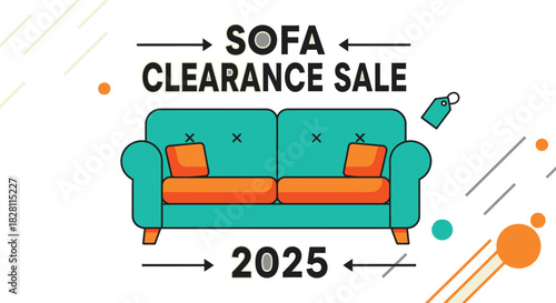 Sofa clearance sale advertisement with a turquoise sofa and orange pillows