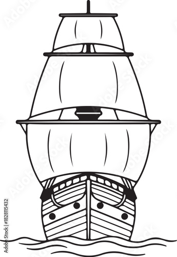 Front view line drawing of a sailing ship with sails and waves on a white background boat vessel on transparent background