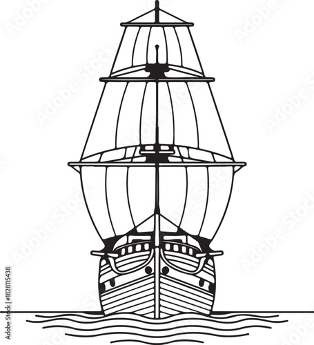 Front view line drawing of a sailing ship with sails and waves on a white background boat vessel on transparent background
