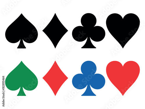 Playing card suits are presented in black, red, green, and blue colors.