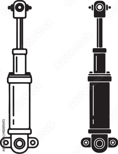 Outline and solid silhouette of a hydraulic shock absorber with mounting points suspension piston on transparent background