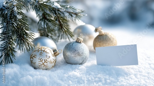 A white sign is placed on the snow next to a tree with Christmas ornaments. Concept of holiday cheer and warmth, as the snow-covered ground and the festive decorations create a cozy atmosphere