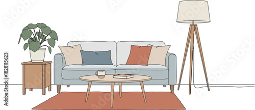 Cozy living room interior with sofa, coffee table, lamp isolated on white background