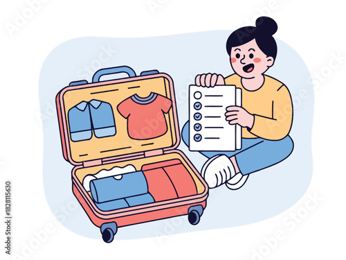 A person is packing a suitcase and checking a list for a trip, preparing for travel.