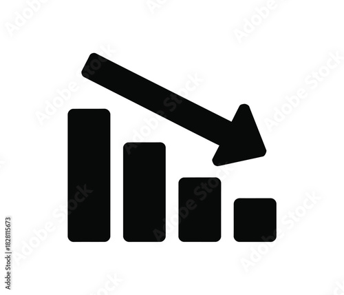 Black decreasing bar chart with a downward pointing arrow on a white background