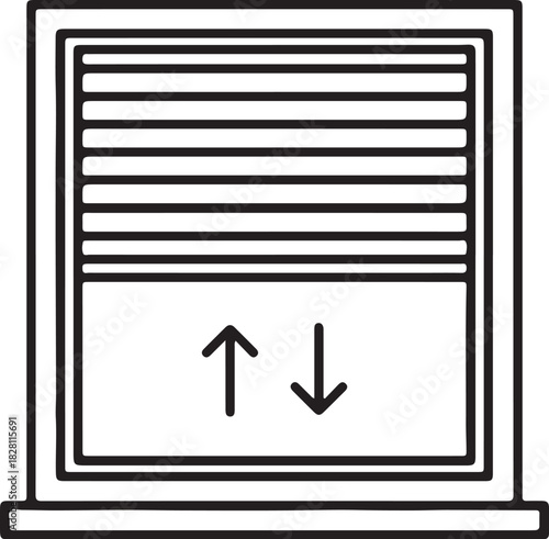 Outline icon of a window with closed blinds and up and down arrows Keywords: window, blinds, shutters, closed, open, up, down, arrows, icon, symbol, outline, line art, on transparent background