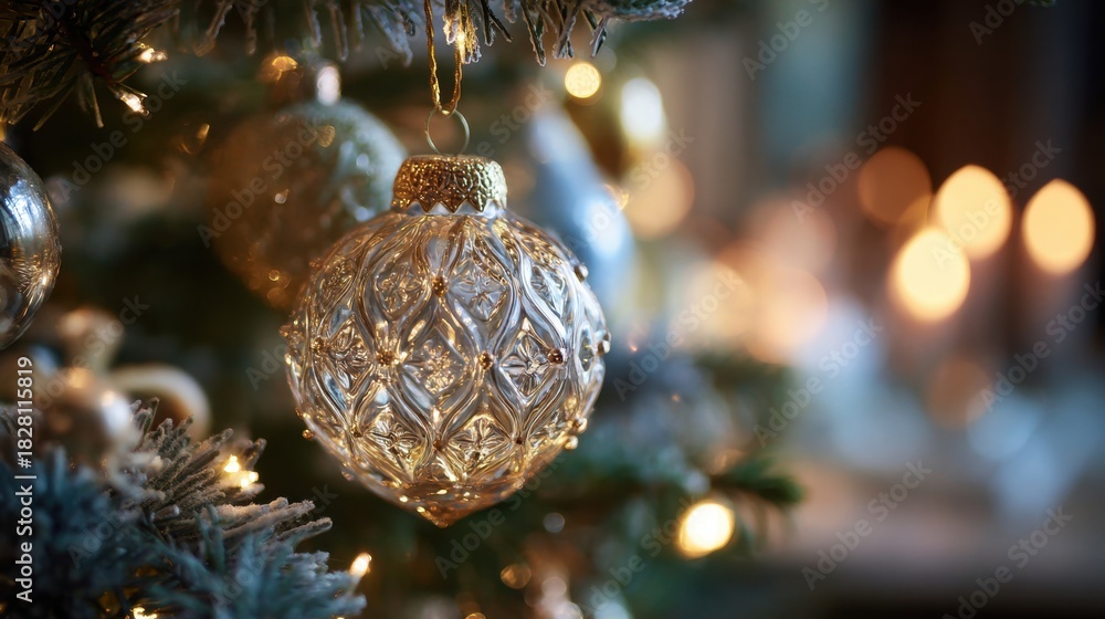 Fototapeta premium A Christmas tree with a gold and silver ornament hanging from it. The ornament is a large, clear ball with a gold design. The tree is lit up with lights, creating a warm and festive atmosphere