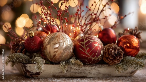 A wooden tray with a variety of red and gold ornaments, including pine cones and Christmas balls