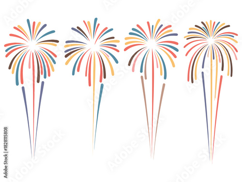 Four stylized fireworks explode against a white background.