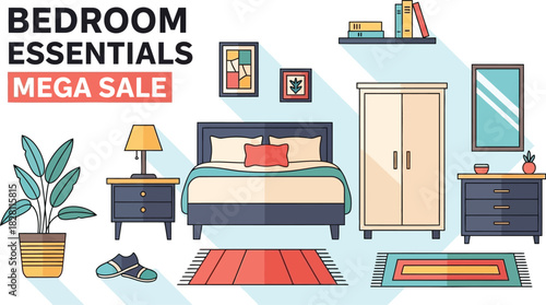 Bedroom essentials mega sale advertisement isolated on white background