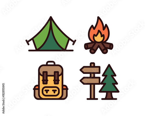 Illustration of camping elements including a tent backpack campfire and sign