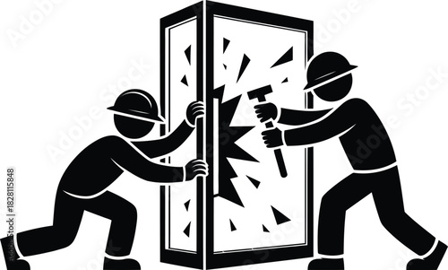 Construction workers breaking glass window with hammer demolition