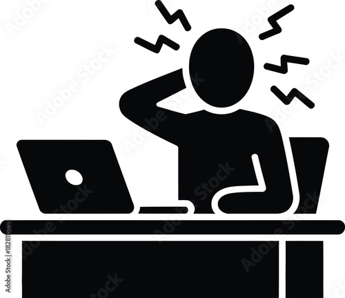 Frustrated person with a headache at a laptop in an office icon