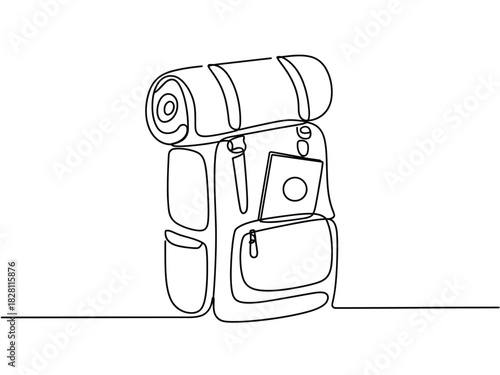 A single continuous line drawing of a backpack with a rolled-up sleeping bag on top.