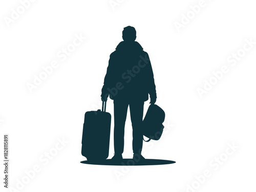 Silhouette of a person standing with a suitcase and backpack, ready for travel.