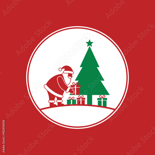 Santa Claus in a joyful mood placing gifts near a Christmas tree on a red background