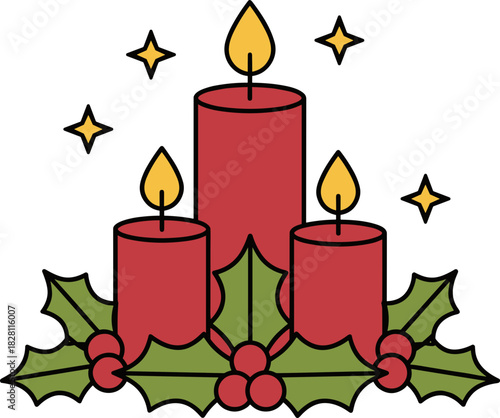 Three festive candles with yellow flames and holly leaves  