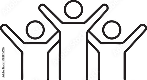 Three Stylized Figures with Arms Raised in Celebration or Greeting Keywords: people, group, celebration, greeting, arms up, joy, happiness, unity, teamwork, success, on transparent background