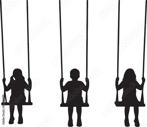 Three children silhouettes on swings on a white background Keywords: children, kids, swing, playground, playing, fun, childhood, outdoor, recreation, happiness, joy, on transparent background