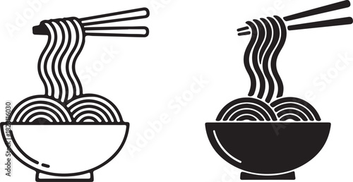 Two Bowls Of Noodles With Chopsticks One Outline And One Solid Black On White Keywords: noodles, ramen, pasta, food, asian, cuisine, chopsticks, bowl, dish, meal, eating, on transparent background