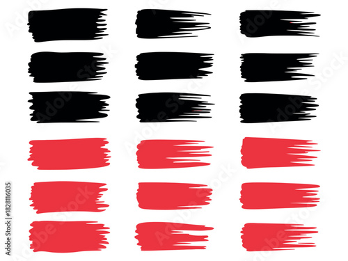 A collection of black and red brush stroke elements arranged in a grid on a white background.