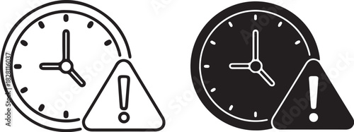 Two clock icons with exclamation mark warning symbols on a white background Keywords: clock, time, warning, alert, attention, exclamation mark, triangle, symbol, icon, on transparent background