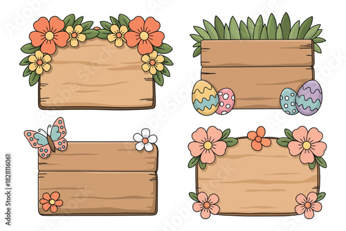 Four wooden signs decorated with flowers butterfly eggs and green plants