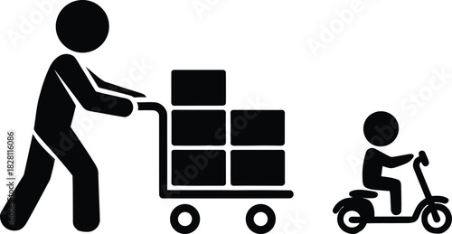 Delivery service worker pushing cart and person riding scooter