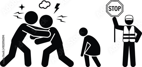 Conflict, dispute, argument, violence, intervention, stop sign