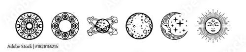 A celestial icon set with moon phases, solar motifs, and mystical symbols for spiritual or cosmic themes.