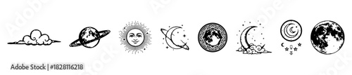 A celestial icon set with moon phases, solar motifs, and mystical symbols for spiritual or cosmic themes.