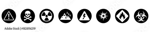 A hazard icon set with symbols for toxic, flammable, electrical, and biological risks. Ideal for safety visuals.